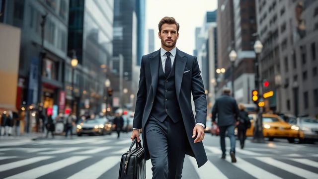 A man in a well-fitted formal suit and long coat confidently walks across a bustling city street, carrying a briefcase. The background features urban elements such as tall buildings and streetlights, capturing the essence of a professional in a modern city environment.