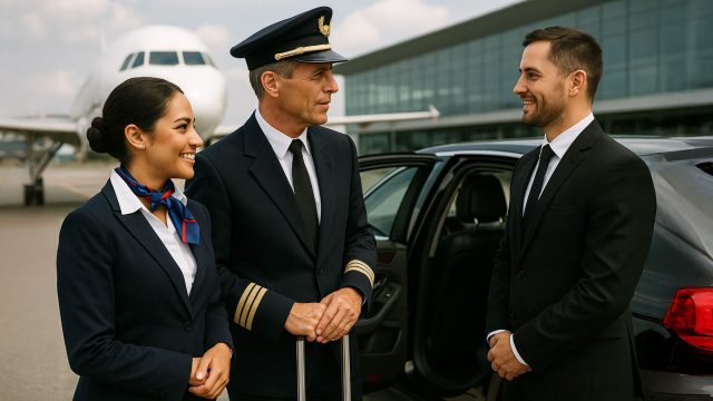 An airline pilot and a flight attendant are greeted by a well-dressed driver at an airport terminal. The driver is assisting them with their luggage, and a luxury vehicle is parked nearby, ready for departure. The background features an airport setting with aircraft, emphasizing the premium and reliable ground care services for airline crews.