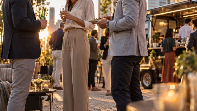 Colleagues socialising with drinks and food at a relaxed outdoor office party beside a catered food van at sunset.