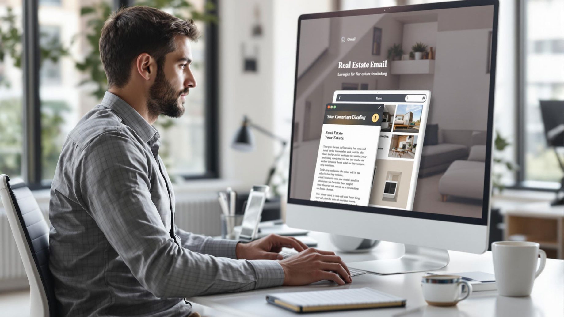 A man focused on his laptop in a modern office, working on a real estate email template.