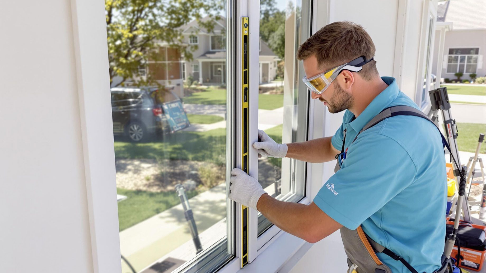 A professional window installer carefully fitting a new window into a home, wearing safety gear and using specialized tools to ensure a precise fit on a sunny day.