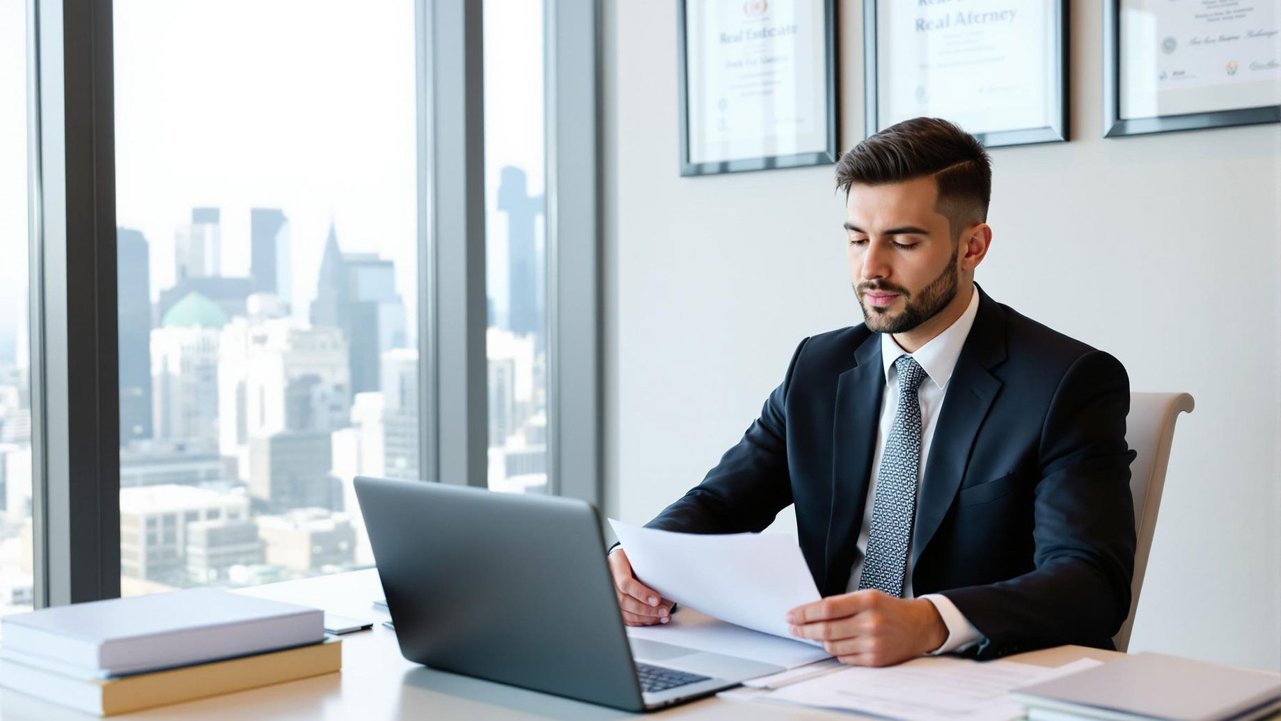 A professional real estate attorney in a modern office, reviewing legal documents at a desk with a laptop and legal books, dressed in business attire, with a cityscape visible through the window.