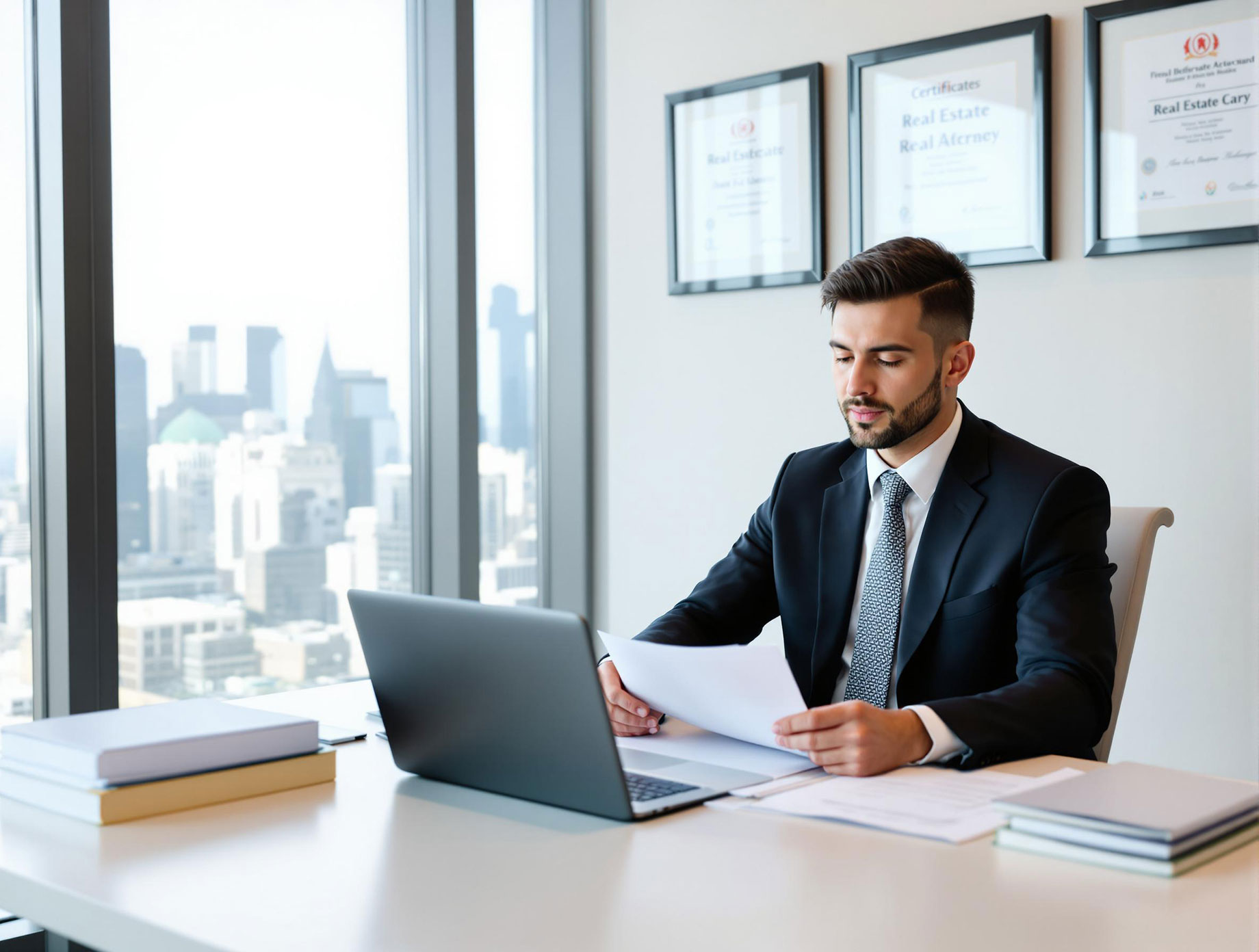 A professional real estate attorney in a modern office, reviewing legal documents at a desk with a laptop and legal books, dressed in business attire, with a cityscape visible through the window.