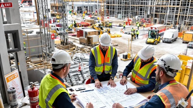 A bustling commercial construction site with workers in protective gear, architects reviewing blueprints, and various safety equipment, emphasizing safety and meticulous planning.