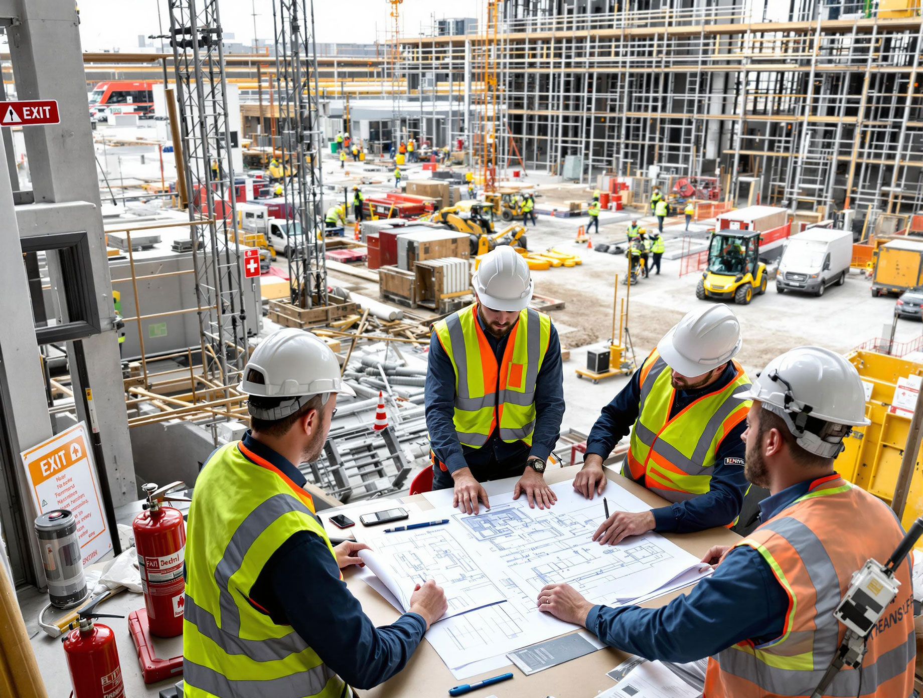 A bustling commercial construction site with workers in protective gear, architects reviewing blueprints, and various safety equipment, emphasizing safety and meticulous planning.