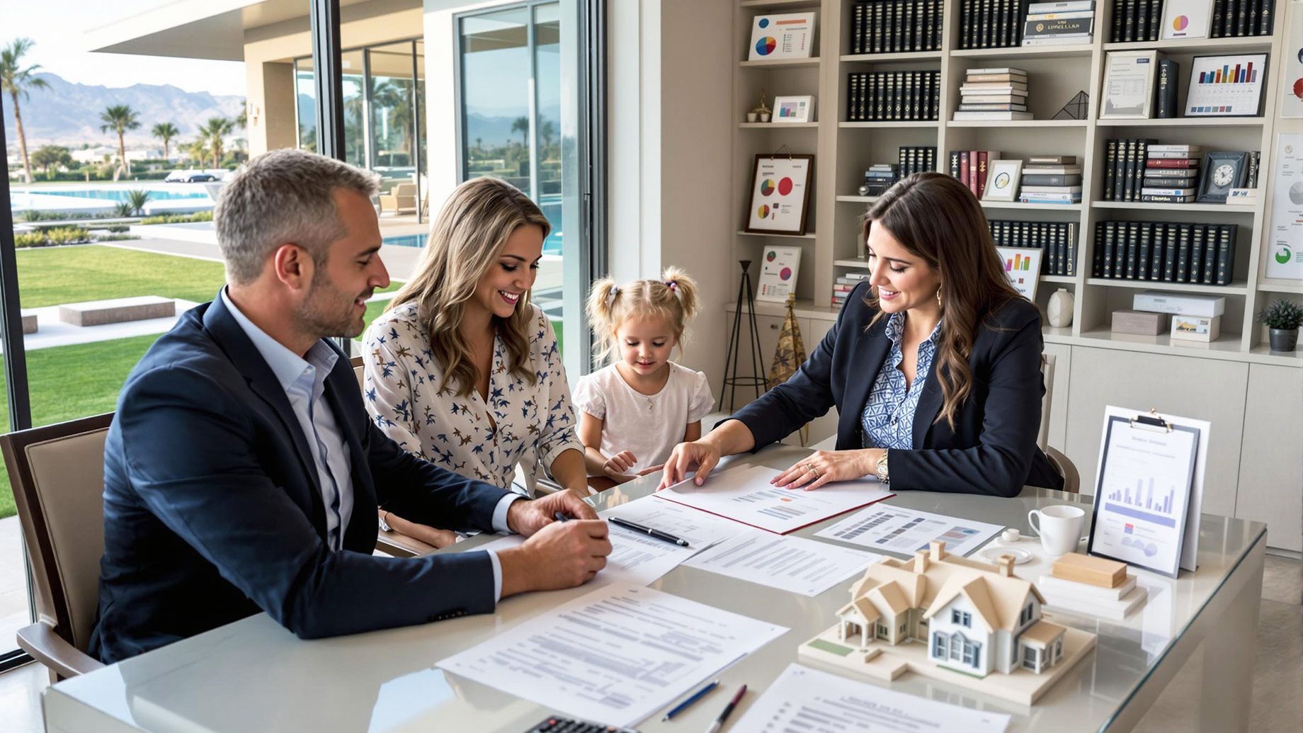 A family discussing Las Vegas luxury estate planning with a professional advisor, reviewing legal documents and property models in an elegant office setting.