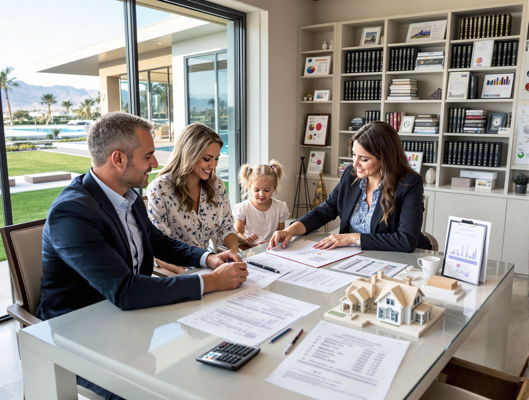 A family discussing Las Vegas luxury estate planning with a professional advisor, reviewing legal documents and property models in an elegant office setting.