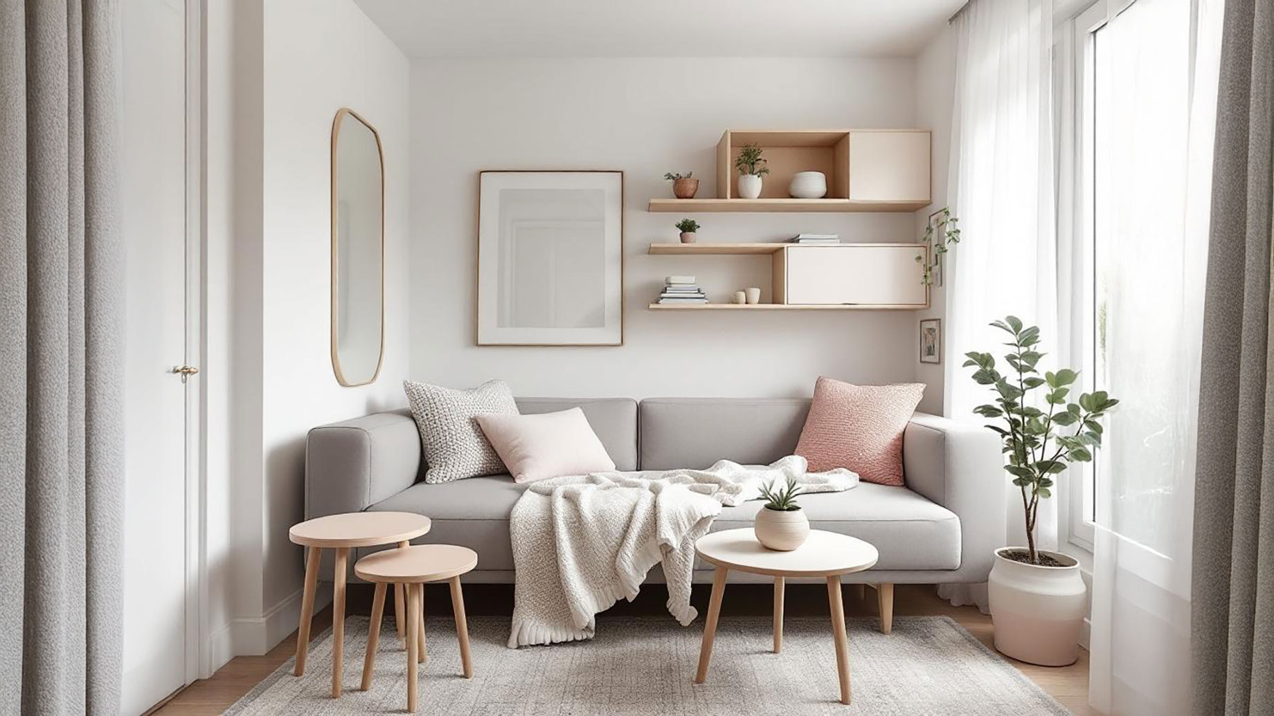 A cozy, well-decorated compact room featuring light and airy colors, multi-functional furniture, vertical storage solutions, and a large mirror reflecting natural light to enhance openness.