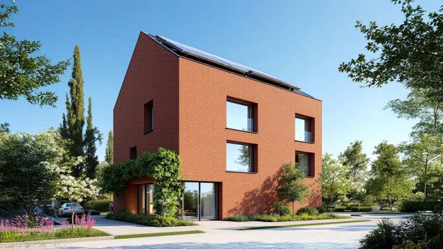 A modern building with a brick tile facade, surrounded by greenery and featuring solar panels on the roof, illustrating sustainable and eco-friendly architecture.