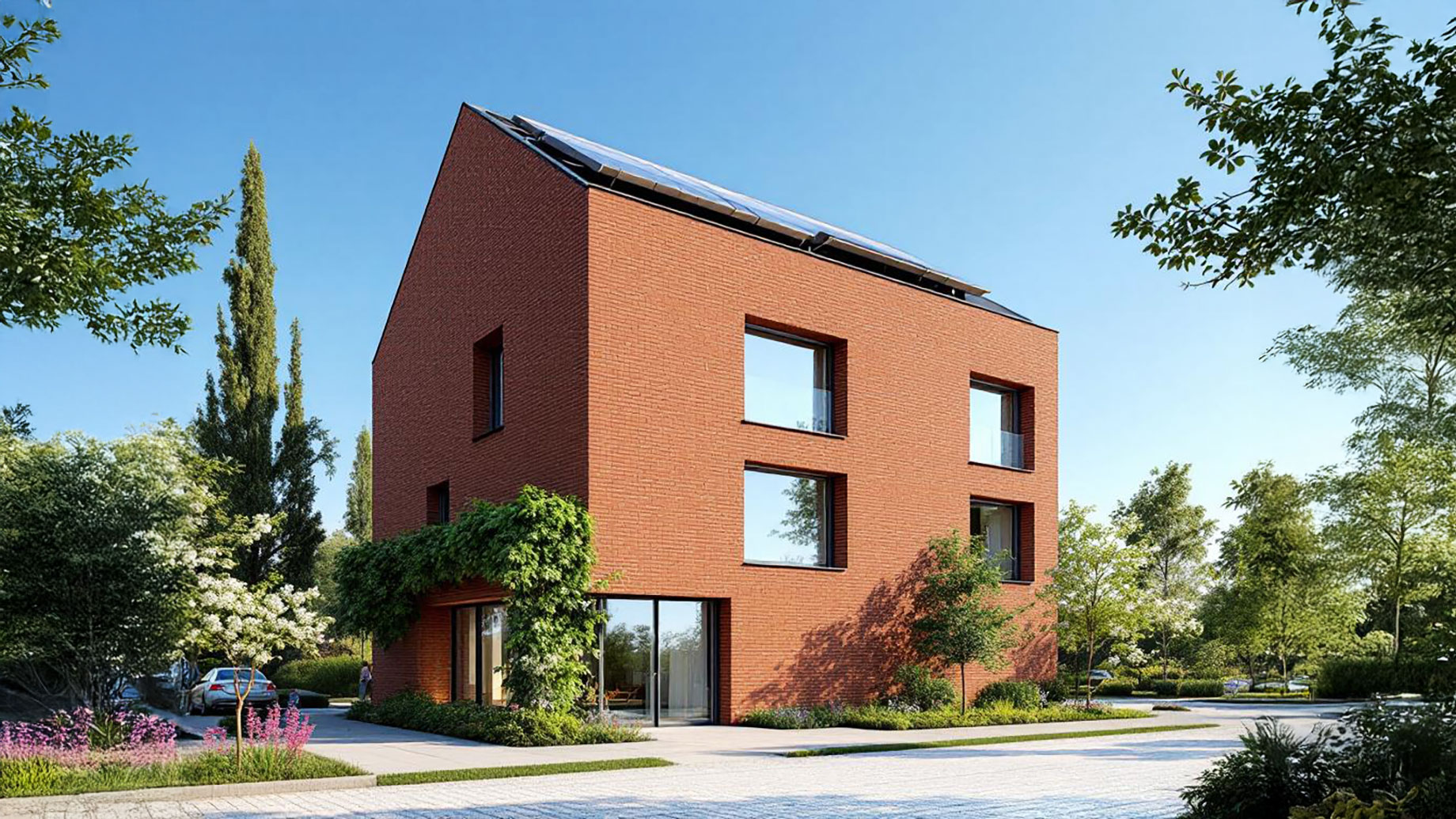 A modern building with a brick tile facade, surrounded by greenery and featuring solar panels on the roof, illustrating sustainable and eco-friendly architecture.
