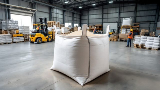 A large one-ton bag filled with material in an industrial setting, with forklifts and workers in the background demonstrating its use in construction, agriculture, and manufacturing.