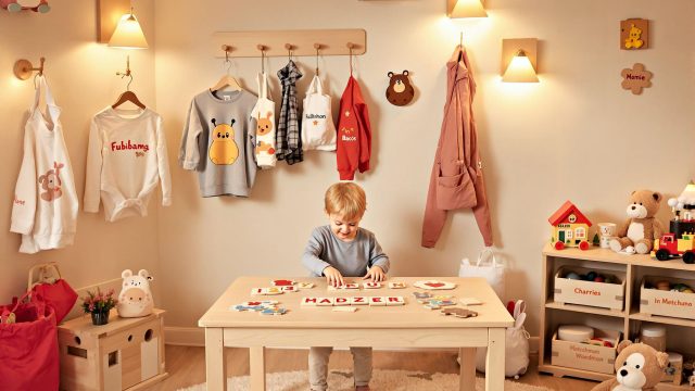 A child's playroom filled with Woodemon's personalized toys and decorations, featuring a child playing with a name puzzle, wooden wall-mounted lights, personalized clothing, a height-measuring ruler, and Montessori-inspired educational toys, creating a warm and creative atmosphere.