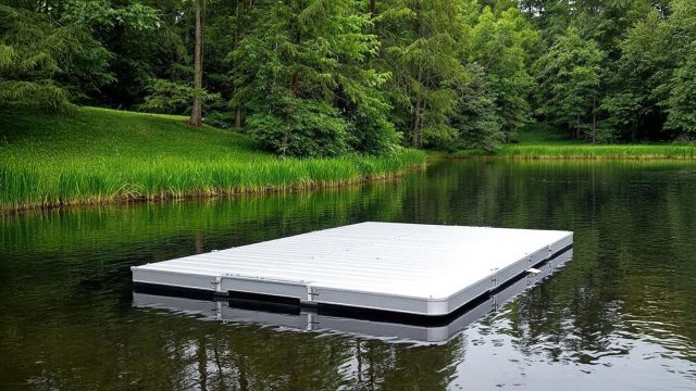 An aluminum floating dock on a calm lake, showcasing its modular and lightweight design in a lush, green environment.