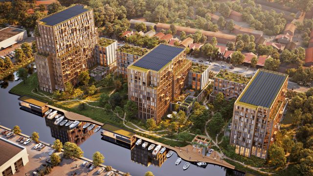 Bird's-eye view 3D rendering of living at Watergeus in Leiden, Netherlands, crafted by RNDR
