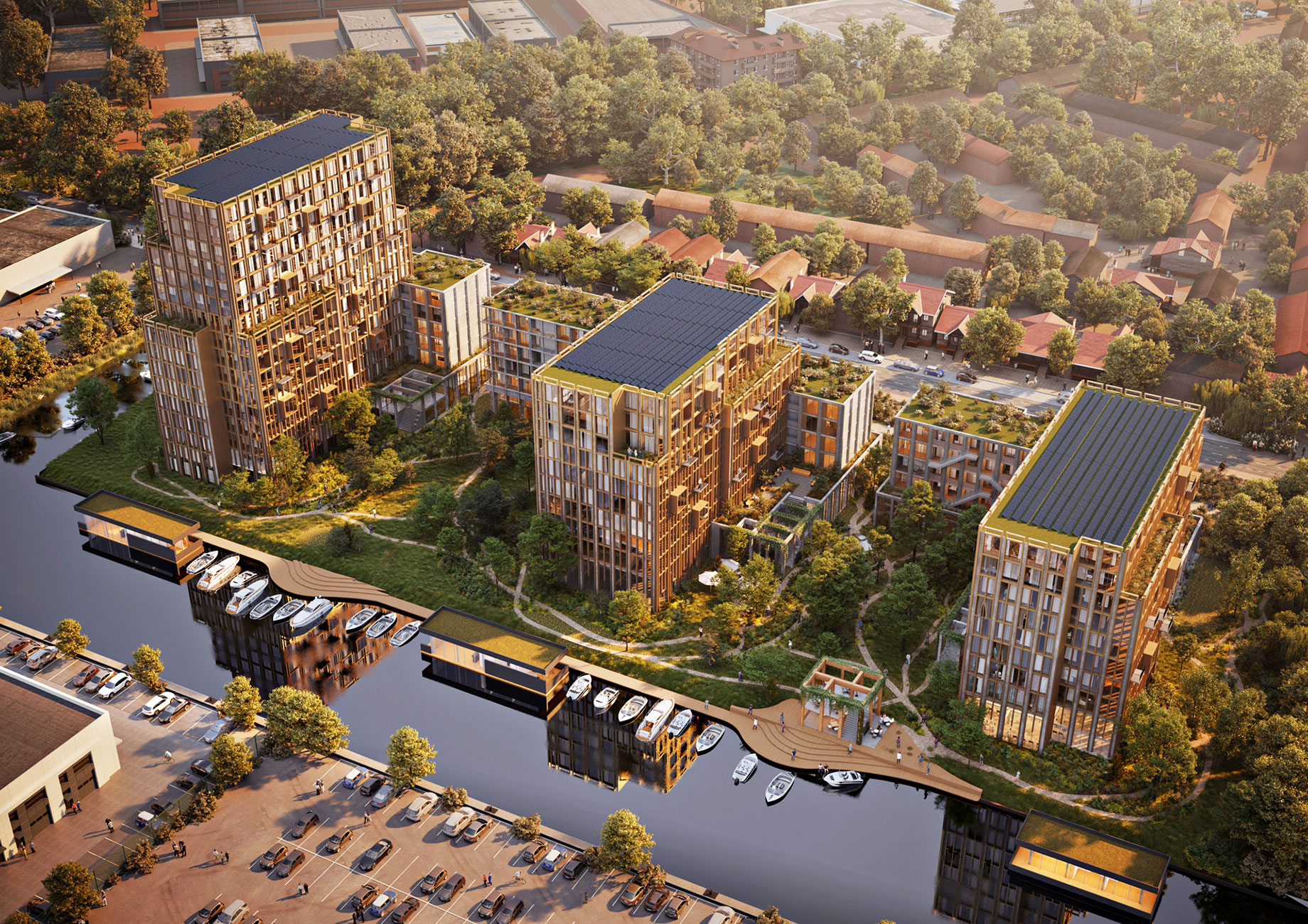 Bird's-eye view 3D rendering of living at Watergeus in Leiden, Netherlands, crafted by RNDR