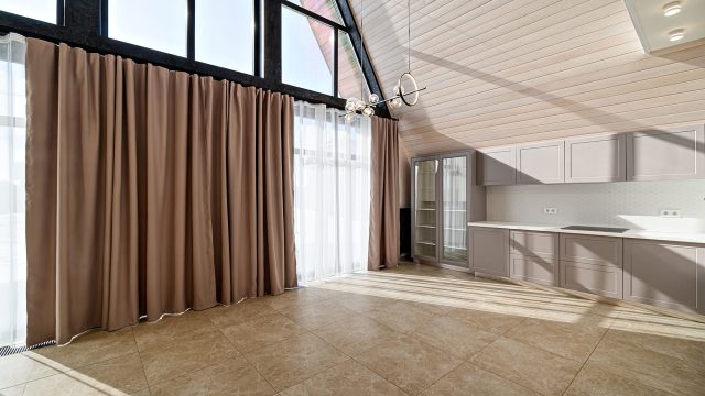 Bright Interior with Tile Flooring, a Peaked Ceiling, Kitchen Cabinets, and Large Windows Covered with Neutral Curtains