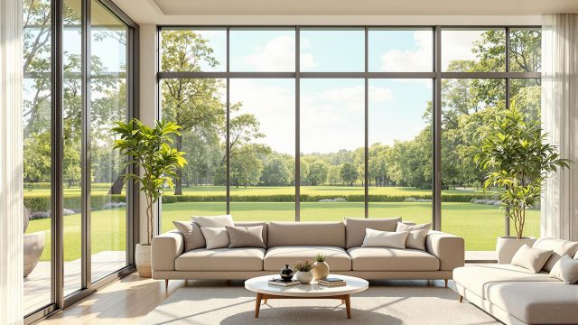 A bright living room featuring clean, sparkling windows that allow natural light to flood the space, creating a welcoming atmosphere. The outdoor view through the windows is clear and vibrant, enhancing the room's appeal.