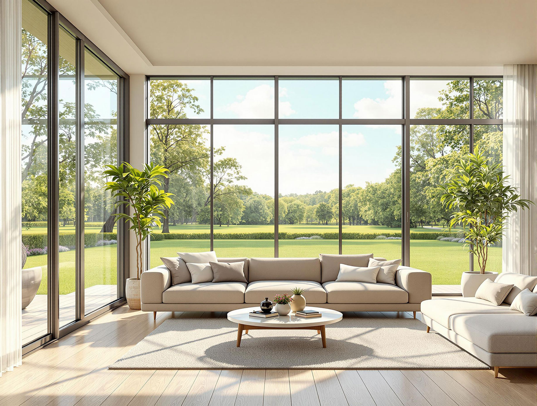 A bright living room featuring clean, sparkling windows that allow natural light to flood the space, creating a welcoming atmosphere. The outdoor view through the windows is clear and vibrant, enhancing the room's appeal.