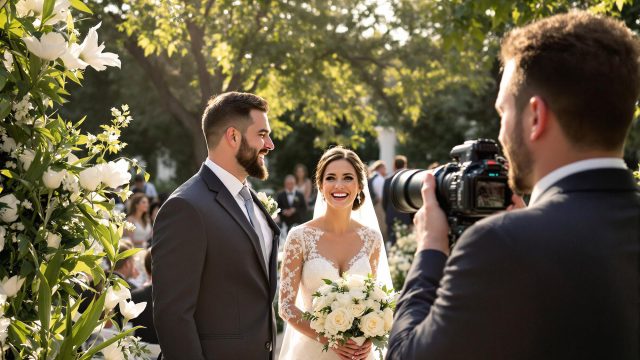 A professional photographer capturing a candid moment of the bride and groom laughing at an outdoor wedding, surrounded by lush greenery and elegant decorations, with guests enjoying the celebration in the background.