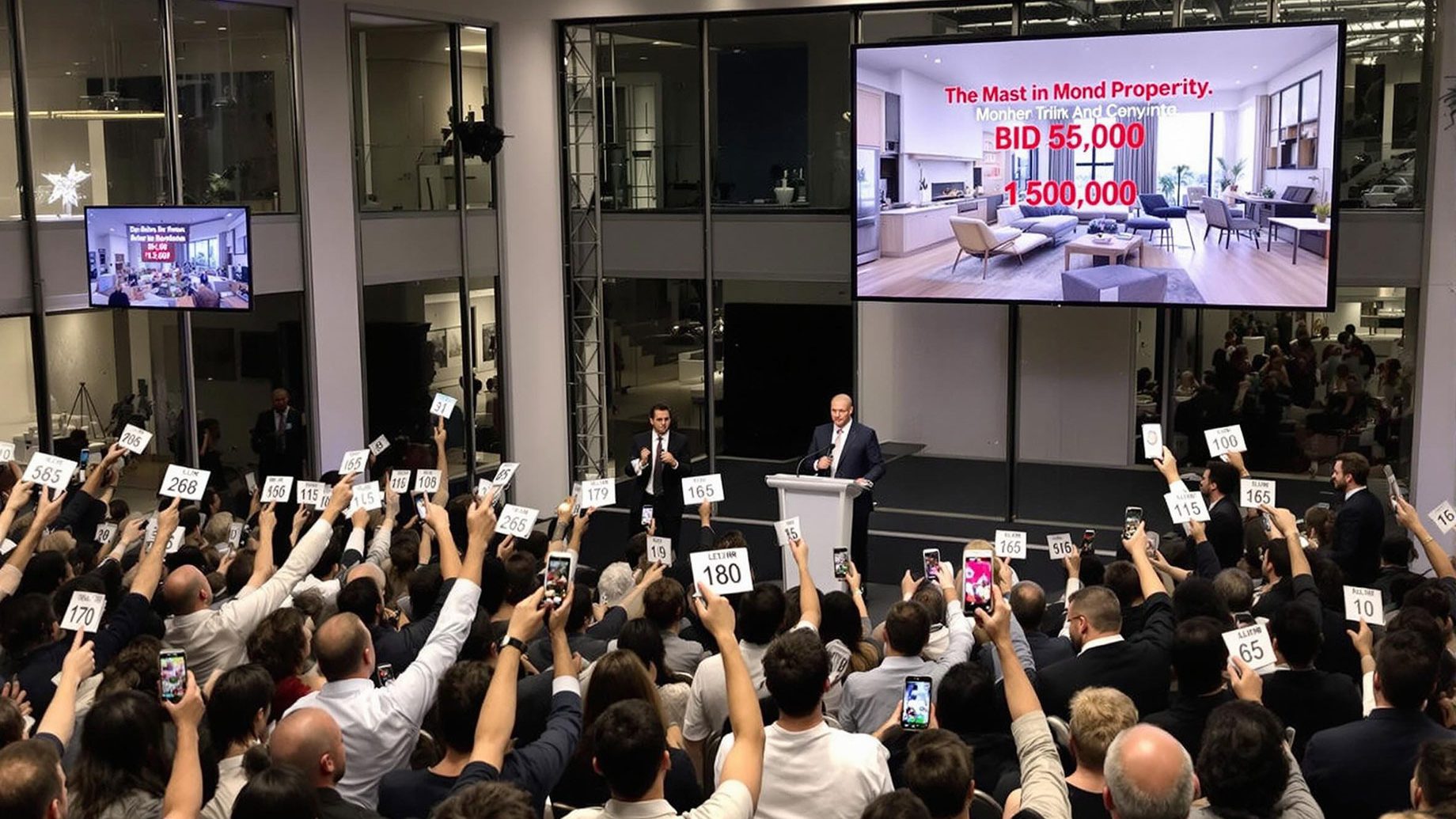A lively auction room with potential buyers raising paddles and auctioneers engaging with the crowd, showcasing a unique property on a large screen and highlighting the competitive atmosphere.