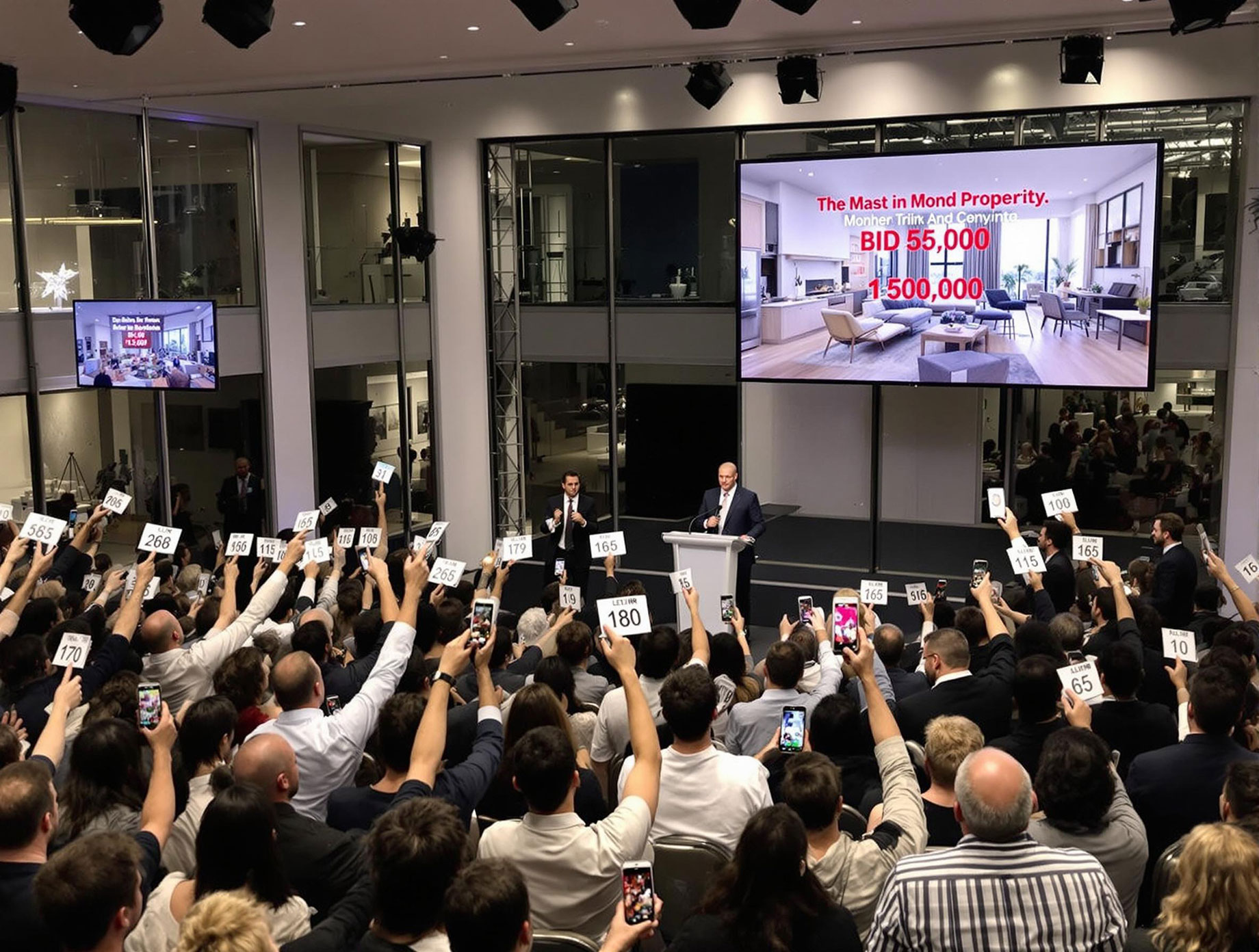 A lively auction room with potential buyers raising paddles and auctioneers engaging with the crowd, showcasing a unique property on a large screen and highlighting the competitive atmosphere.