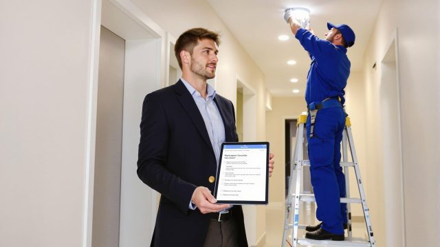 A property manager holding a tablet with a maintenance checklist while a maintenance worker fixes a light fixture in a clean apartment complex, illustrating professionalism and efficiency.