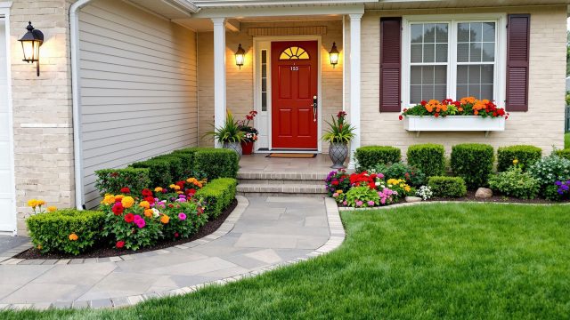 A well-maintained home exterior with a freshly mowed lawn, colorful flower beds, and a boldly painted front door. The property features clean walkways, outdoor lighting, and charming window boxes.