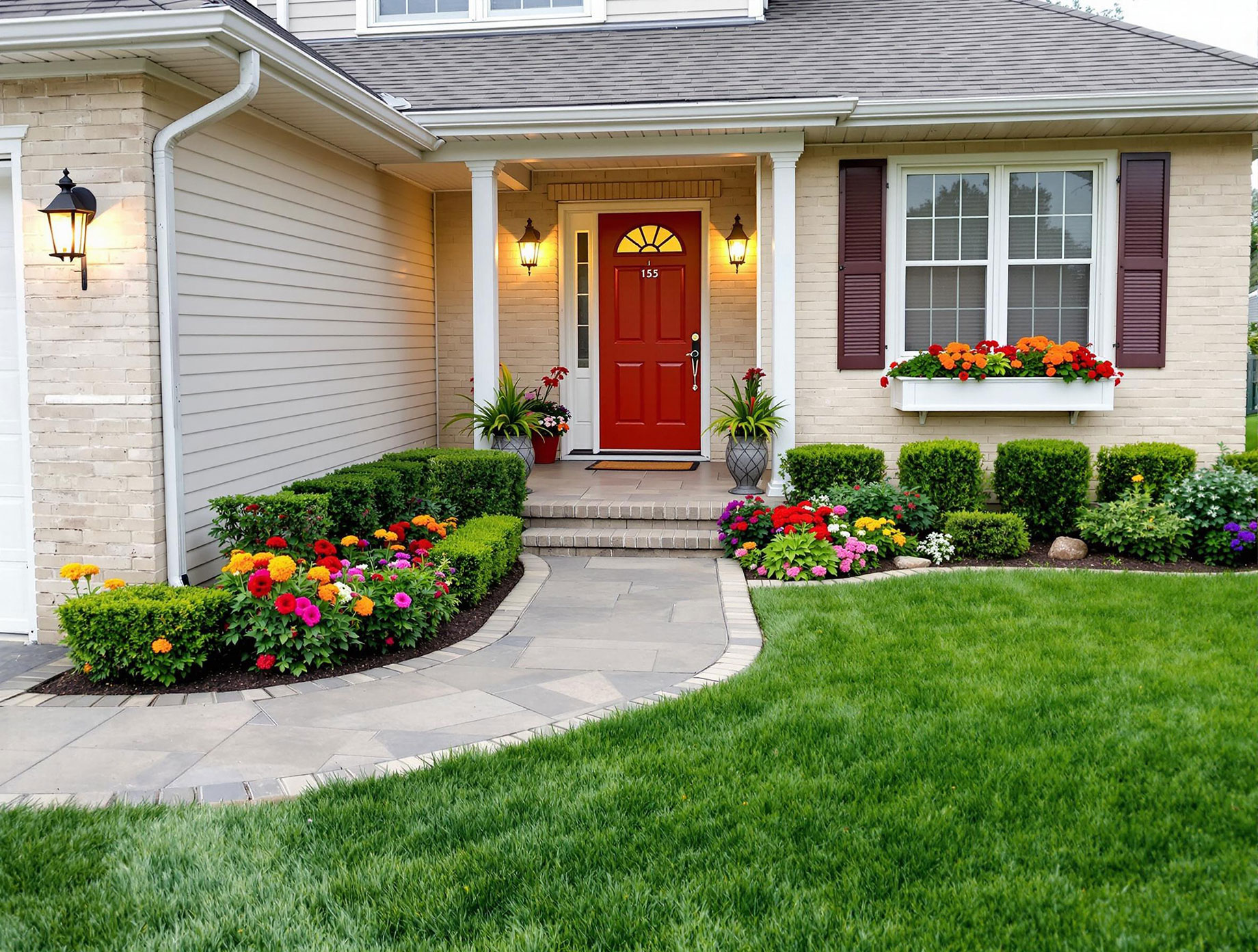 A well-maintained home exterior with a freshly mowed lawn, colorful flower beds, and a boldly painted front door. The property features clean walkways, outdoor lighting, and charming window boxes.