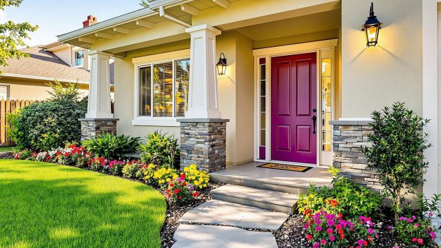 A well-maintained home exterior with a neatly trimmed lawn, colorful flowers, modern lighting, a freshly painted front door, and clean windows.