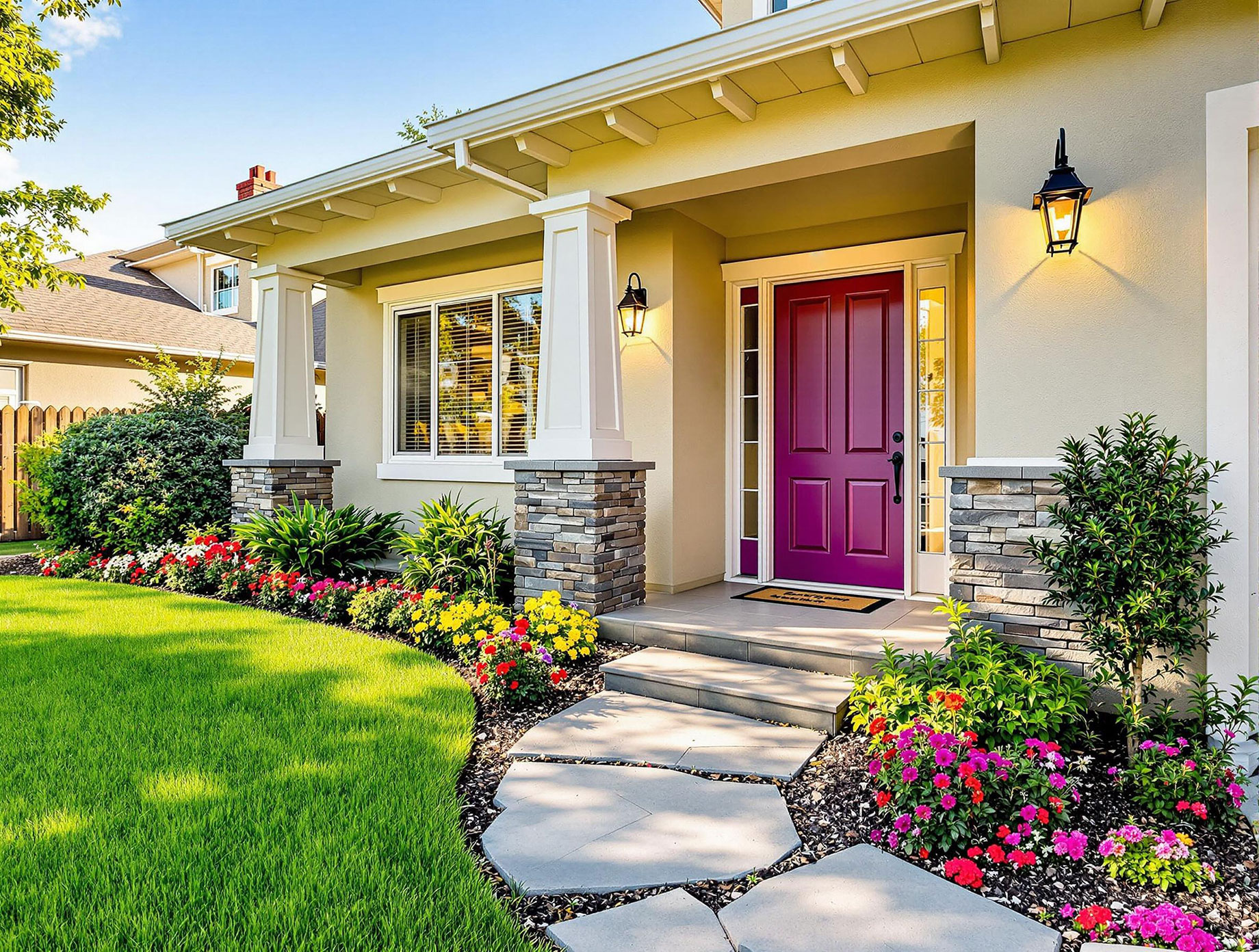 A well-maintained home exterior with a neatly trimmed lawn, colorful flowers, modern lighting, a freshly painted front door, and clean windows.