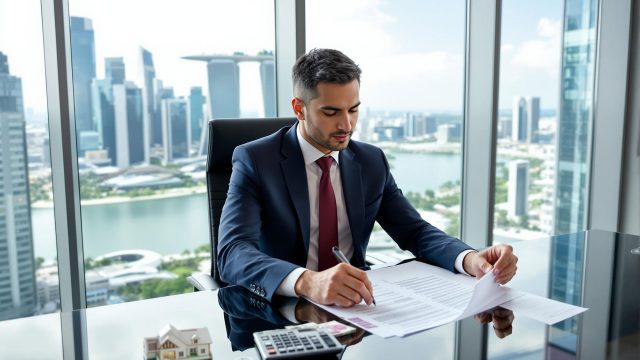 A foreign investor reviews property documents in a modern office setting with a view of the Singaporean cityscape, including Marina Bay. The desk features a calculator, a model house, and a stack of Singaporean currency, illustrating the financial considerations and complexities involved in buying a second property in Singapore.