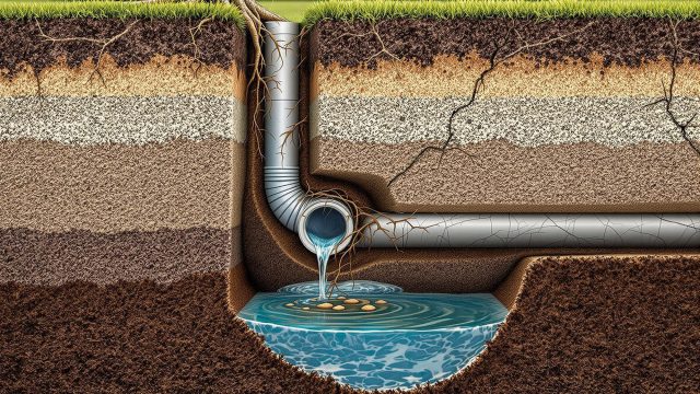 A cross-section view of a sagging sewer pipe with accumulated water, surrounded by saturated soil and intruding tree roots, illustrating the effects of weather and soil conditions on sewer line integrity.
