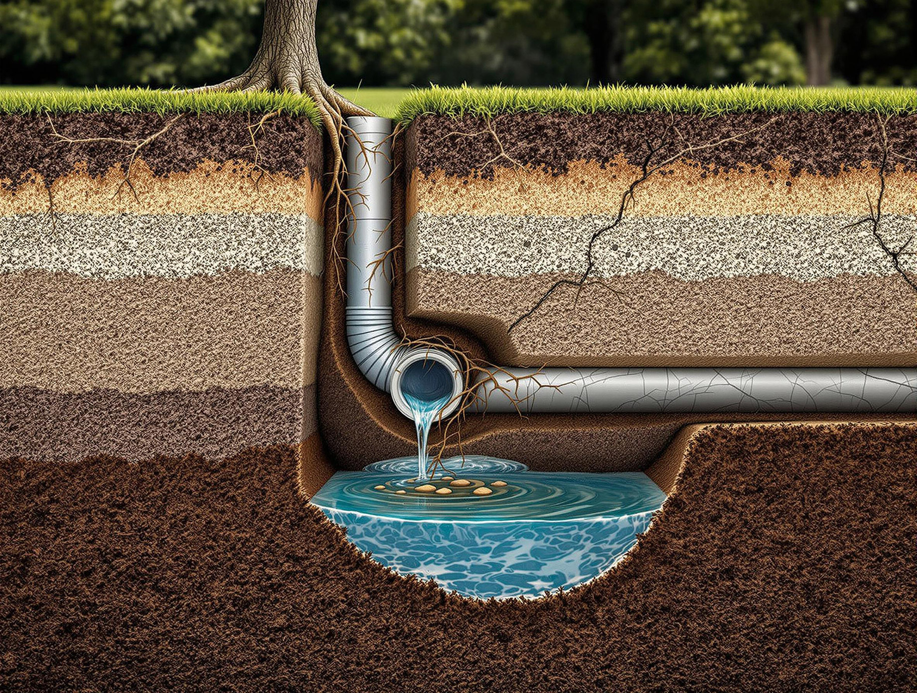 A cross-section view of a sagging sewer pipe with accumulated water, surrounded by saturated soil and intruding tree roots, illustrating the effects of weather and soil conditions on sewer line integrity.