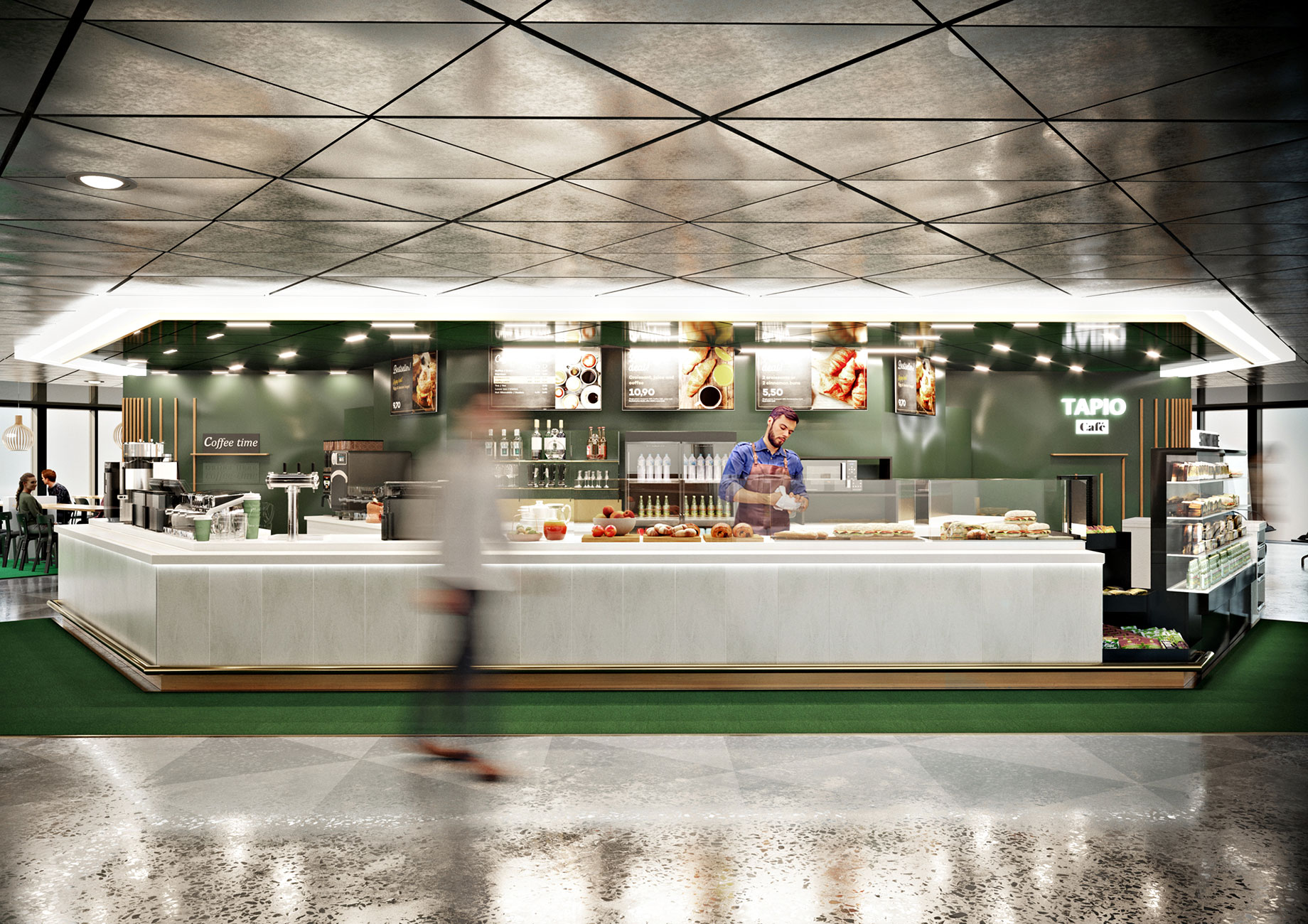 Interior 3D rendering of TAPIO - Airport Café in Helsinki, Finland, crafted by RNDR
