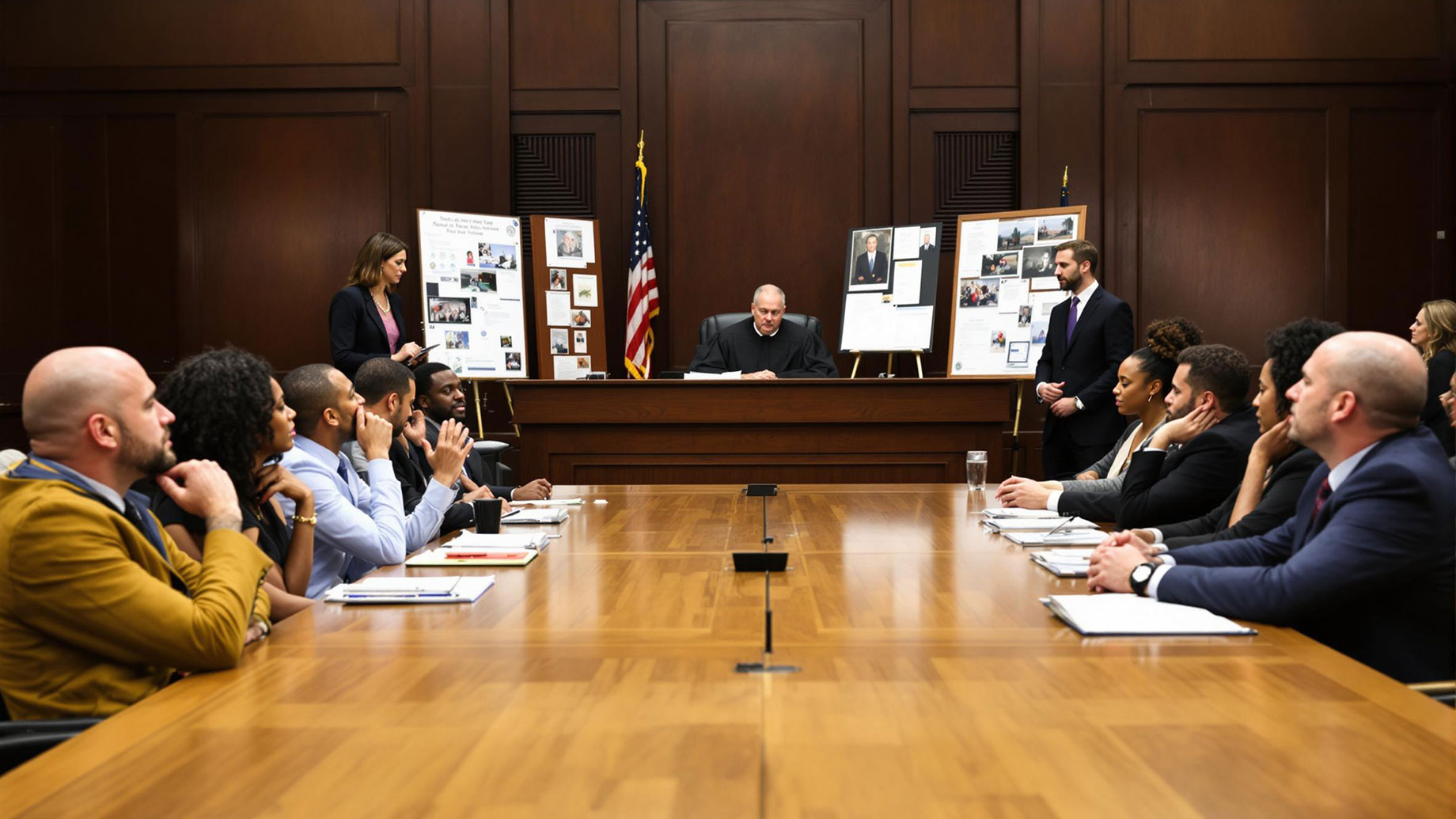 A courtroom scene depicting a jury deliberating a personal injury case, with diverse jurors engaged in discussion, a judge overseeing, and legal professionals presenting evidence.