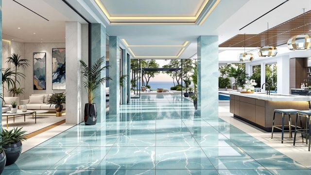 Luxurious lakefront foyer with seamless porcelain tiles in aquatic blues and sea-glass greens, extending from an indoor great room to an outdoor terrace kitchen, reflecting modern elegance and sophistication.