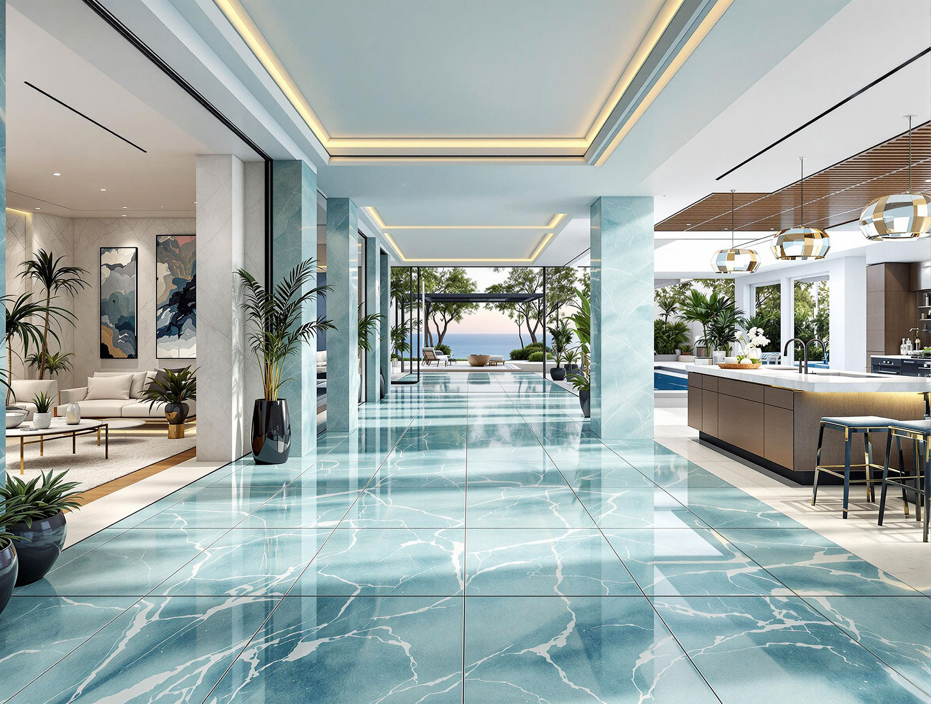 Luxurious lakefront foyer with seamless porcelain tiles in aquatic blues and sea-glass greens, extending from an indoor great room to an outdoor terrace kitchen, reflecting modern elegance and sophistication.