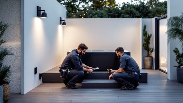 Professional electricians performing a safe, electrical installation for a modern hot tub in a sleek outdoor setting.