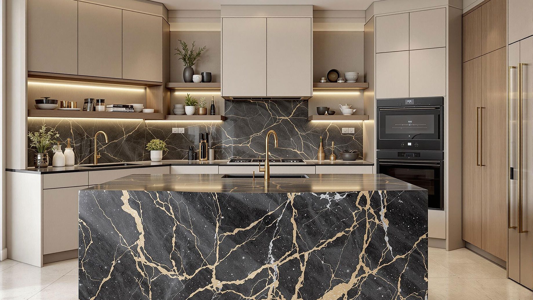 A luxurious modern kitchen featuring a bold statement stone island with a waterfall edge made from Black Galaxy granite. The kitchen showcases honed finish countertops, a seamless slab backsplash, neutral sandy-toned cabinetry with olive wood accents, and a mix of brass and matte black fixtures. Under-cabinet lighting and LED strip lighting highlight the stone's unique features, while floating shelves add a bespoke touch. The design reflects the high-end kitchen trends of 2025, blending elegance, functionality, and sustainability.