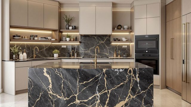 A luxurious modern kitchen featuring a bold statement stone island with a waterfall edge made from Black Galaxy granite. The kitchen showcases honed finish countertops, a seamless slab backsplash, neutral sandy-toned cabinetry with olive wood accents, and a mix of brass and matte black fixtures. Under-cabinet lighting and LED strip lighting highlight the stone's unique features, while floating shelves add a bespoke touch. The design reflects the high-end kitchen trends of 2025, blending elegance, functionality, and sustainability.