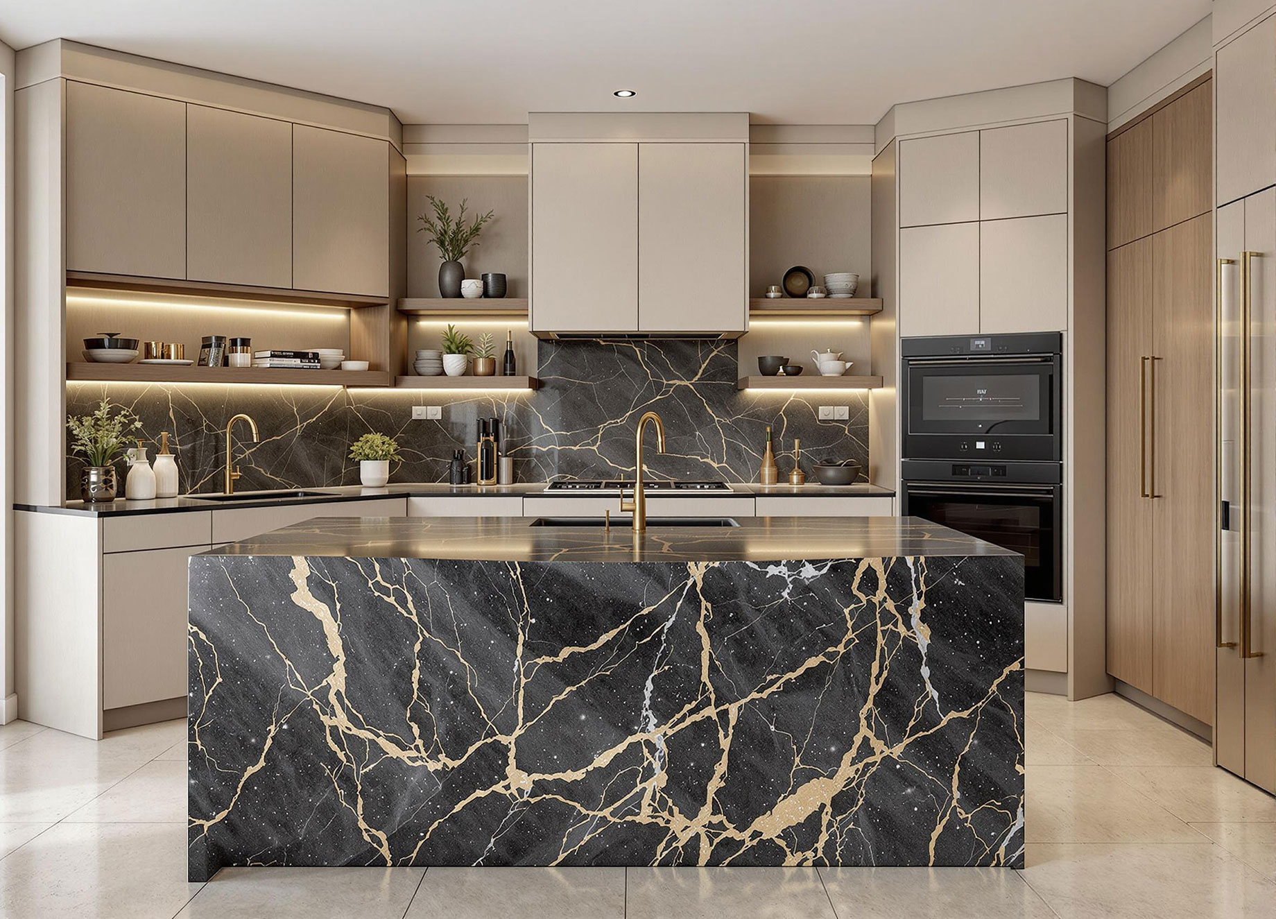A luxurious modern kitchen featuring a bold statement stone island with a waterfall edge made from Black Galaxy granite. The kitchen showcases honed finish countertops, a seamless slab backsplash, neutral sandy-toned cabinetry with olive wood accents, and a mix of brass and matte black fixtures. Under-cabinet lighting and LED strip lighting highlight the stone's unique features, while floating shelves add a bespoke touch. The design reflects the high-end kitchen trends of 2025, blending elegance, functionality, and sustainability.