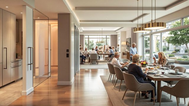 An upscale elderly apartment community featuring a beautifully designed, spacious apartment with high-end finishes and safety features, including a sophisticated common area with seniors engaging in upscale activities and amenities like a fitness center and outdoor garden.