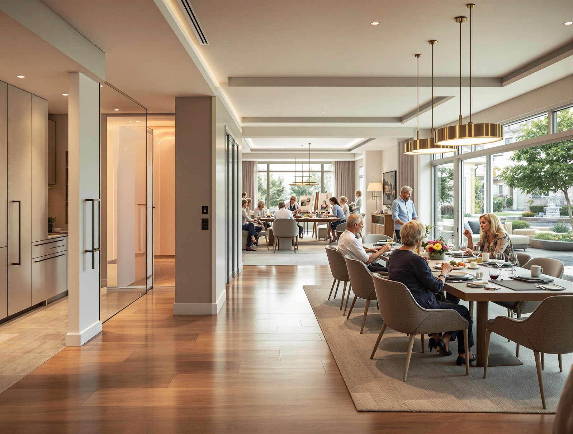 An upscale elderly apartment community featuring a beautifully designed, spacious apartment with high-end finishes and safety features, including a sophisticated common area with seniors engaging in upscale activities and amenities like a fitness center and outdoor garden.