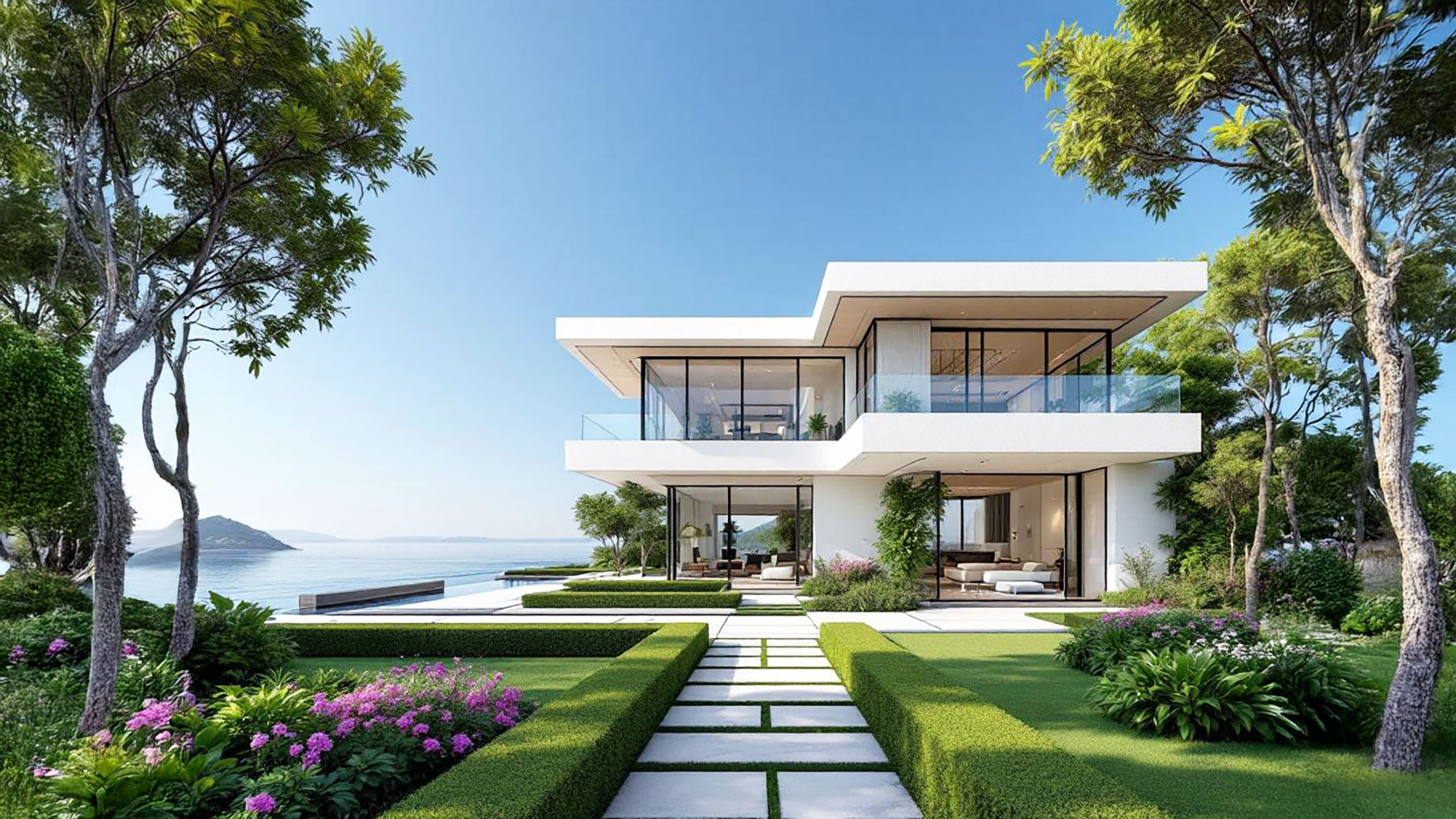 A modern, luxurious waterfront villa with large windows, a well-maintained garden, and a serene waterfront view under a clear blue sky.