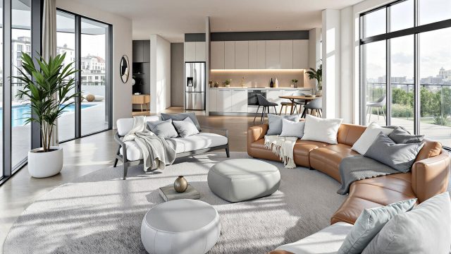 Luxury Home Interior with Kitchen and Living and Panoramic Patio Views