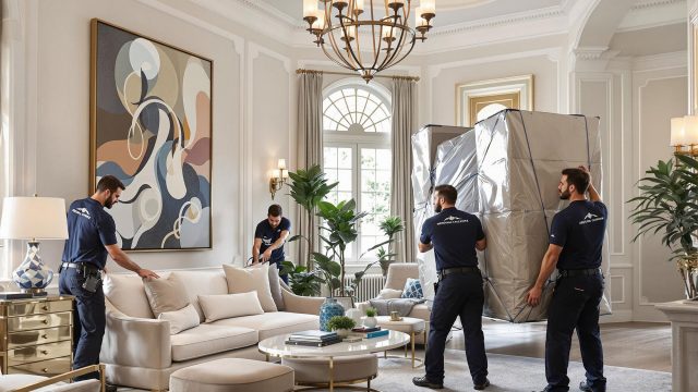 Professional movers carefully handling and packing luxury items in an elegant home, showcasing precision and high standards in a photo-realistic setting.