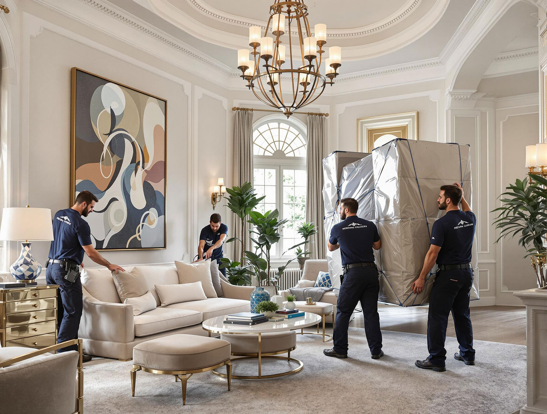 Professional movers carefully handling and packing luxury items in an elegant home, showcasing precision and high standards in a photo-realistic setting.