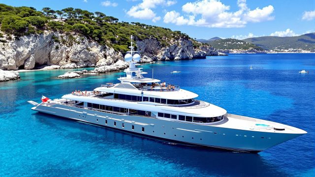 A luxurious superyacht anchored in a tranquil bay with clear blue waters and a scenic coastline, featuring multiple decks, a helicopter pad, and various amenities like a jacuzzi and lounge areas. The sunny day and clear sky enhance the essence of luxury and leisure.