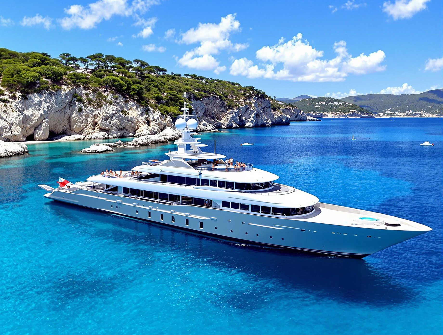 A luxurious superyacht anchored in a tranquil bay with clear blue waters and a scenic coastline, featuring multiple decks, a helicopter pad, and various amenities like a jacuzzi and lounge areas. The sunny day and clear sky enhance the essence of luxury and leisure.