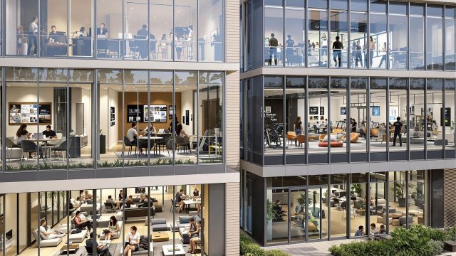 A contemporary apartment complex featuring co-working spaces, a fitness center, communal lounges, and outdoor recreational areas, highlighting modern living with smart home features and a strong sense of community.